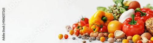 A vibrant array of fresh vegetables, nuts, and grains displayed on a clean surface, highlighting healthy eating and natural ingredients.