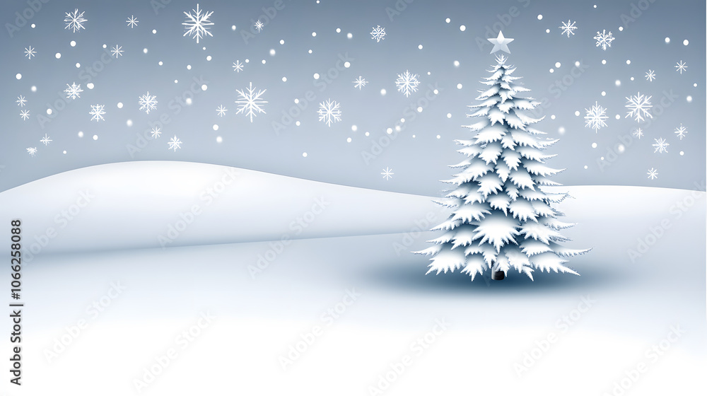 A serene winter scene featuring a snow-covered landscape with a single evergreen tree amidst gentle snowfall. A serene winter scene featuring a snow-covered landscape with a single evergreen tree amidst gentle snowfall.