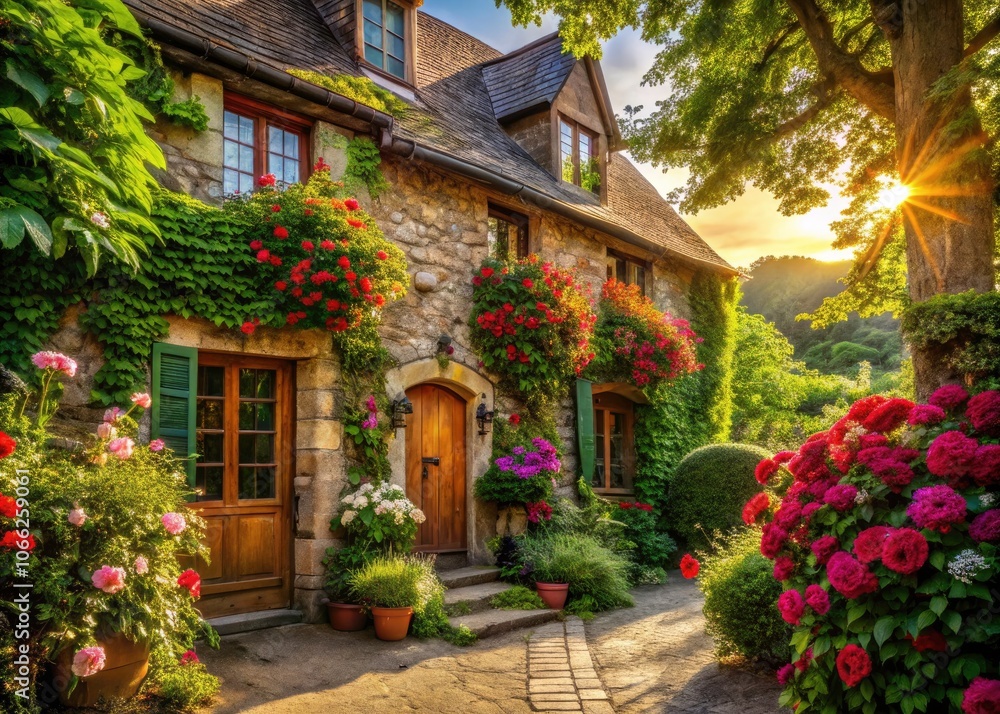 Enchanting Village House Surrounded by Ancient Trees, Capturing Serenity and Nature's Beauty in Product Photography Enchanting Village House Surrounded by Ancient Trees, Capturing Serenity and Nature's Beauty in Product Photography