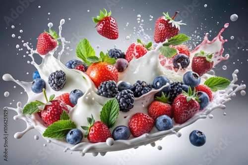 Enticing Double Exposure of Milk Splashing with Fresh Berries, Perfect for Food Photography and Culinary Arts, Showcasing Vibrant Colors and Refreshing Ingredients for Creative Projects