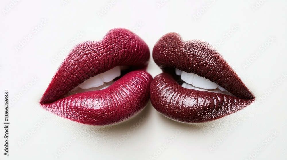 Two overlapping kiss marks in different lipstick shades on a white background, symbolizing a passionate connection. Two overlapping kiss marks in different lipstick shades on a white background, symbolizing a passionate connection.