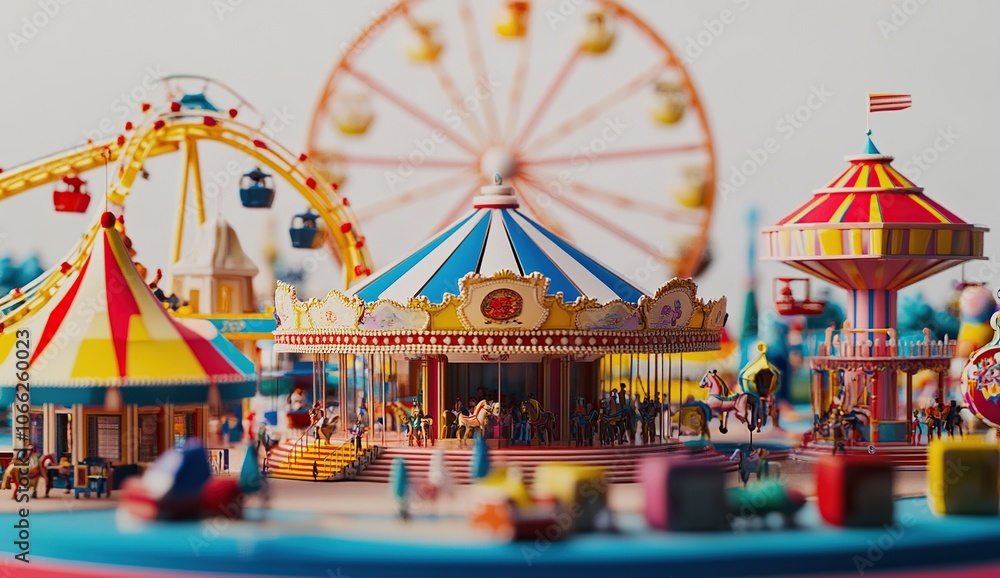 A miniature model of a colorful amusement park with a carousel, ferris wheel, and other rides. A miniature model of a colorful amusement park with a carousel, ferris wheel, and other rides.