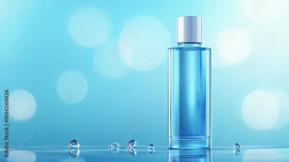 A clear cosmetic bottle stands out against a bright blue background, showcasing its design A clear cosmetic bottle stands out against a bright blue background, showcasing its design