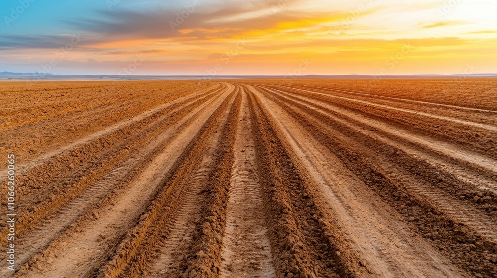 The serenity of a sunset over plowed fields with beautiful patterns in nature The serenity of a sunset over plowed fields with beautiful patterns in nature