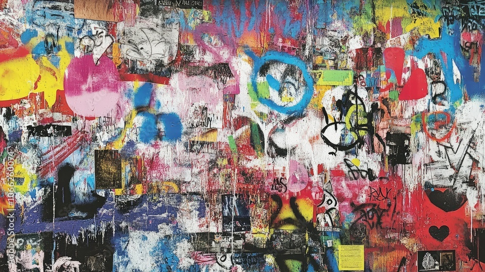 Urban wall covered with layers of graffiti, featuring bold and vibrant spray paint tags and large-scale street art designs. A chaotic yet captivating background. Urban wall covered with layers of graffiti, featuring bold and vibrant spray paint tags and large-scale street art designs. A chaotic yet captivating background.