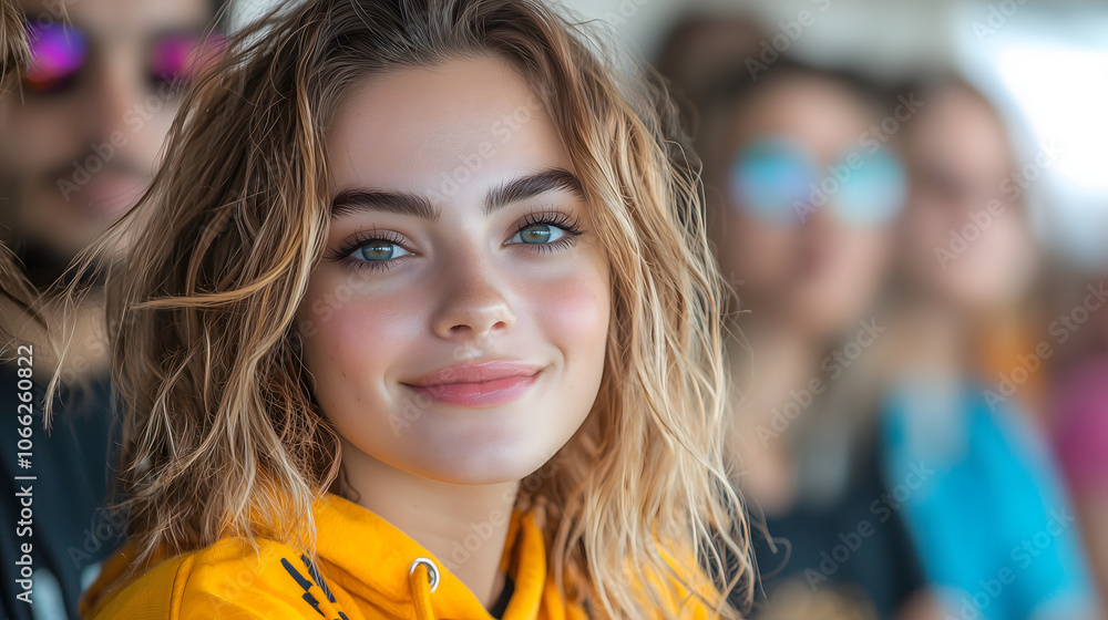 A young woman with wavy hair and striking blue eyes smiles joyfully while surrounded by friends at a lively gathering. The atmosphere is vibrant and the focus is on her cheerful expression. A young woman with wavy hair and striking blue eyes smiles joyfully while surrounded by friends at a lively gathering. The atmosphere is vibrant and the focus is on her cheerful expression.