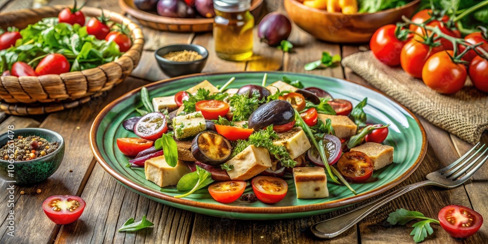 Fresh Tofu, Eggplant, and Tomato Salad on a Decorated Table – Vibrant Culinary Delight for Healthy Eating Inspiration Fresh Tofu, Eggplant, and Tomato Salad on a Decorated Table – Vibrant Culinary Delight for Healthy Eating Inspiration