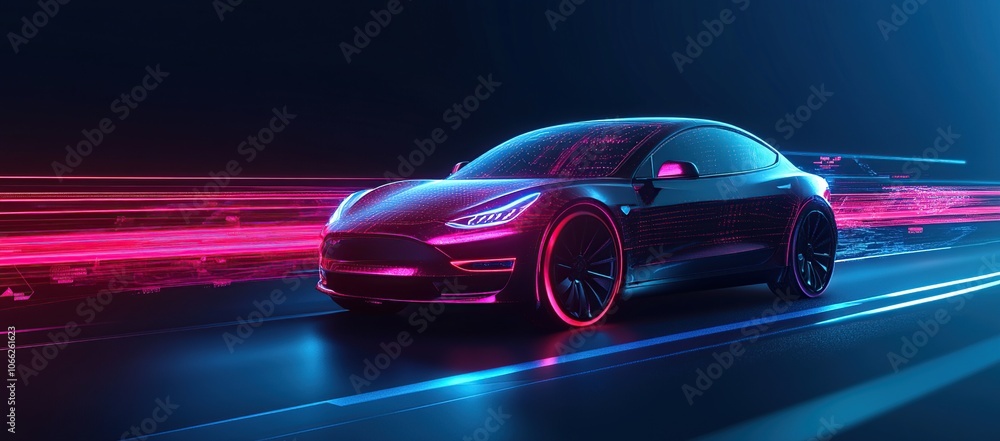 Futuristic electric car driving on a highway at night with neon lights. Futuristic electric car driving on a highway at night with neon lights.