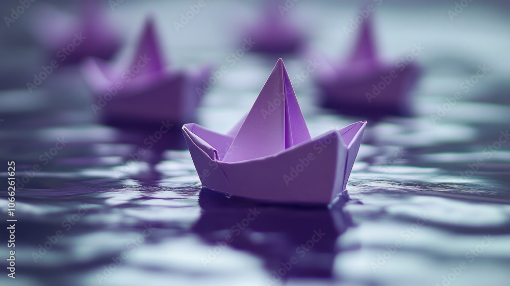 A group of purple origami boats float on a shimmering surface.