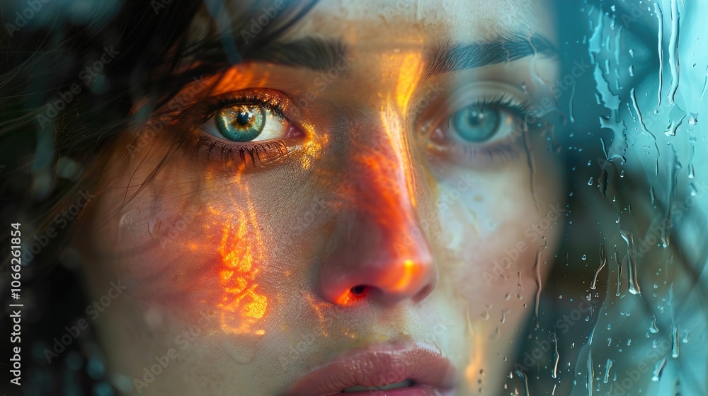Woman's Face Reflected in a Rainy Window, Glowing with Golden Light Woman's Face Reflected in a Rainy Window, Glowing with Golden Light