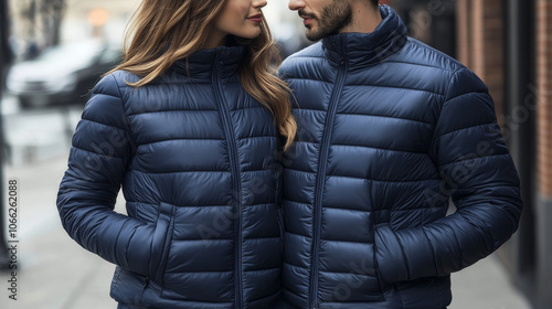 Caucasian man and woman wearing matching navy blue puffer jackets for winter season fashion , two people next to each other showing the beautiful dark blue color of their coats