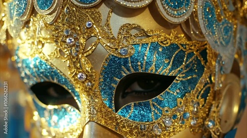Close-up of a shimmering gold and blue masquerade mask with glittering accents 