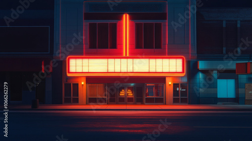 Movie theatre exterior building with red empty lightbox sign with copy space