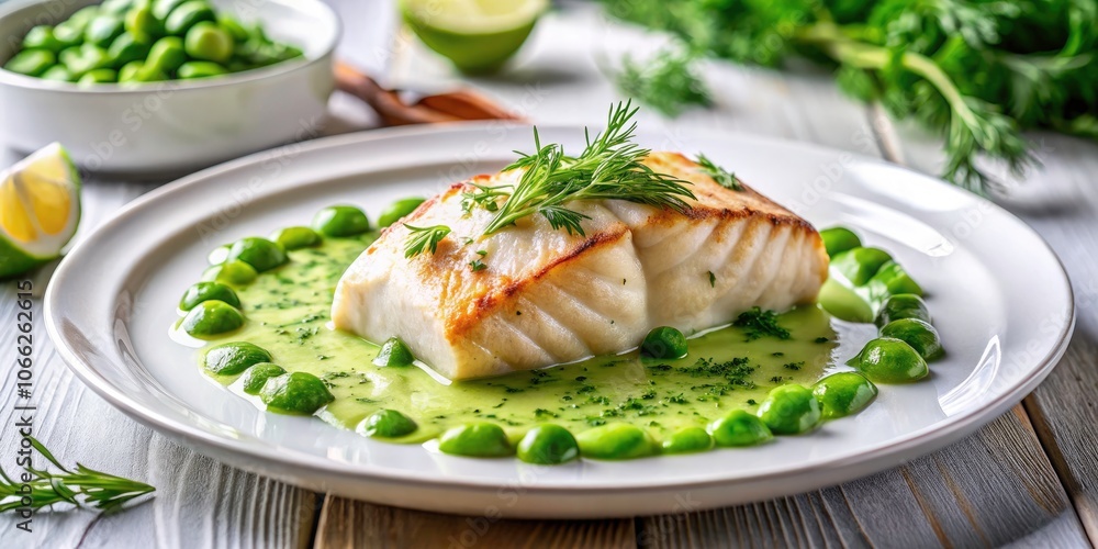 Grilled Cod with Creamy Pea Sauce: A Culinary Delight Served on White Plate with Fresh Herbs and Gourmet Presentation Grilled Cod with Creamy Pea Sauce: A Culinary Delight Served on White Plate with Fresh Herbs and Gourmet Presentation