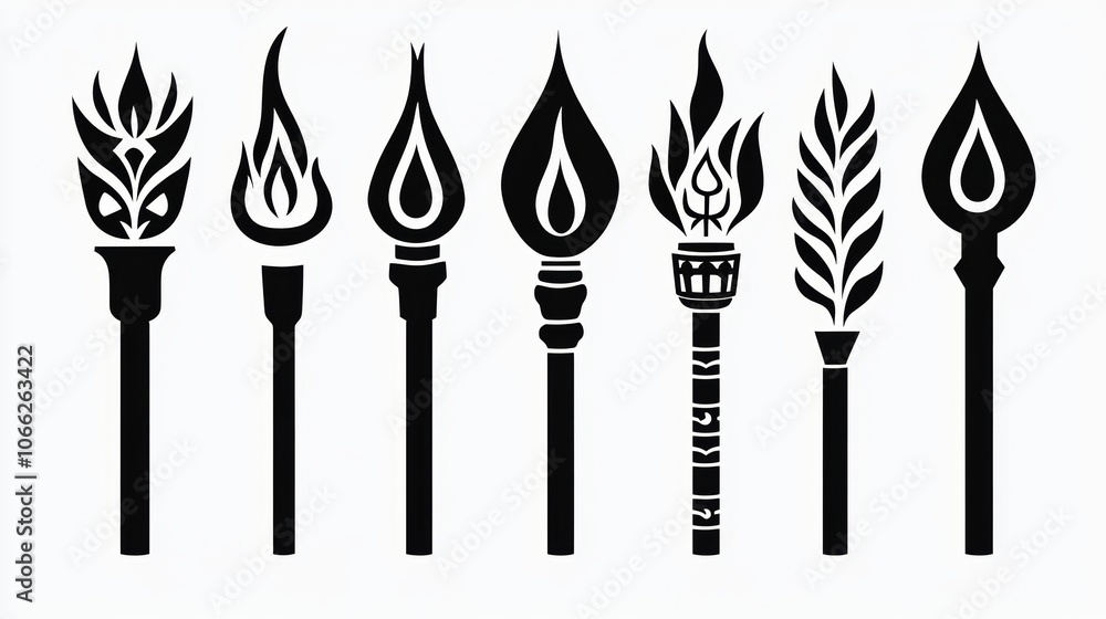 Black White Torch Icons Flame Fire Light Symbol Set Black White Torch Icons Flame Fire Light Symbol Set