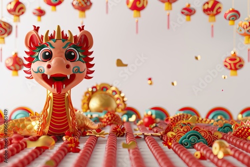 Chinese New Year Snake. golden Snakes figurines and festive new year decoration on white background. Chinese new year 2025, Year of the snake, lunar calendar concept. top view