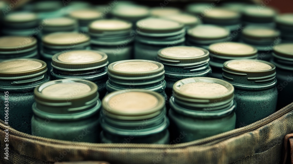Many Green Jars in Camo Bag Storage Outdoors Containers Many Green Jars in Camo Bag Storage Outdoors Containers