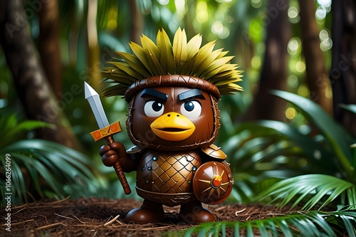 A brave cartoon king coconut warrior with a husk helmet, palm shield, and spear, stands fiercely in a tropical jungle setting, ready for battle among lush plants and vines. photo