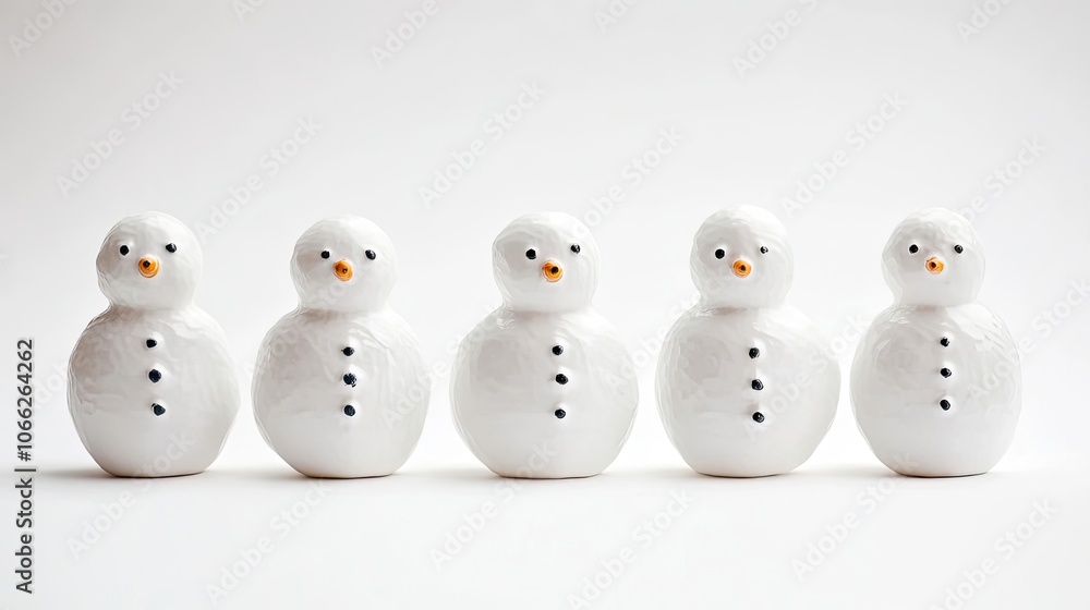 Five Charming Ceramic Snowmen Lined up on a White Background Generative AI Five Charming Ceramic Snowmen Lined up on a White Background Generative AI