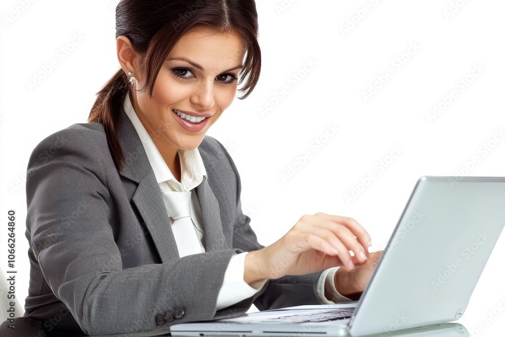 A confident businesswoman working on a laptop, showcasing professionalism and focus in a modern office setting. A confident businesswoman working on a laptop, showcasing professionalism and focus in a modern office setting.