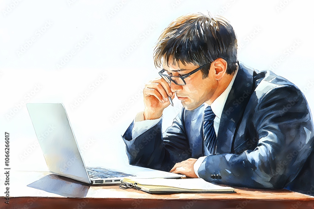 Focused Entrepreneur Working with Laptop and Notes Focused Entrepreneur Working with Laptop and Notes