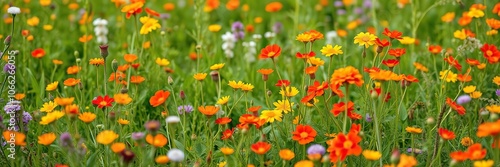 A lush meadow filled with nasturtium flowers in shades of orange, red, and yellow, growing among the wildflowers, red, orange