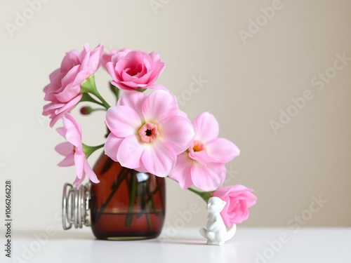 Wallpaper Mural Bottle filled with fresh pink flowers and a small white ceramic figurine perched on the rim, garden party, springtime Torontodigital.ca