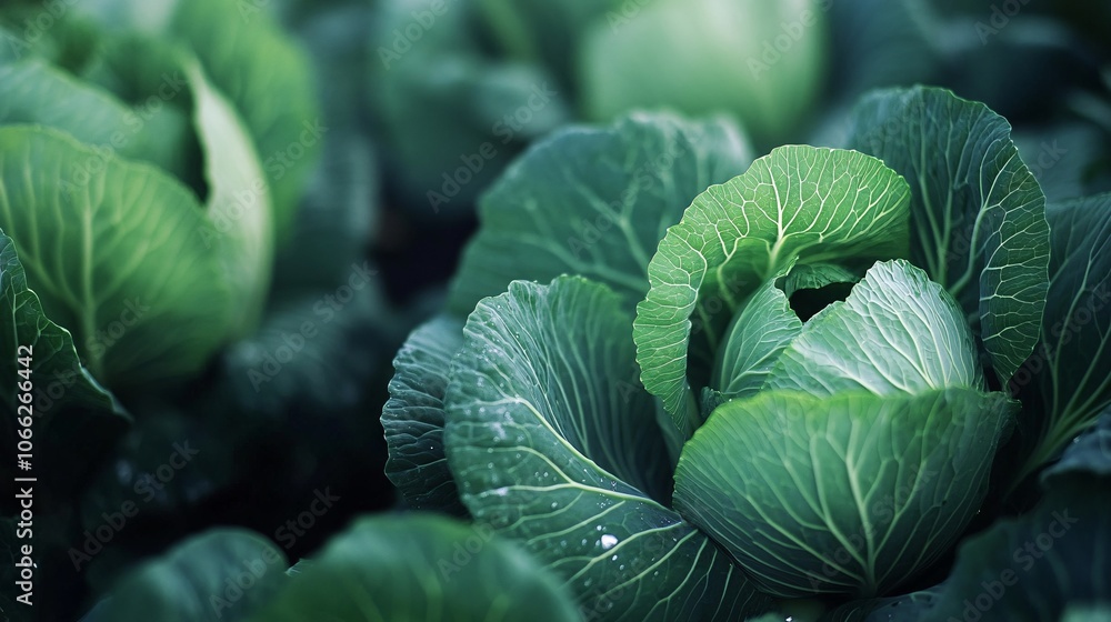 Obraz premium 111.A detailed view of a healthy cabbage plant with large, layered leaves growing in an organic garden bed. The soft morning light highlights the intricate textures of the cabbage leaves, while the