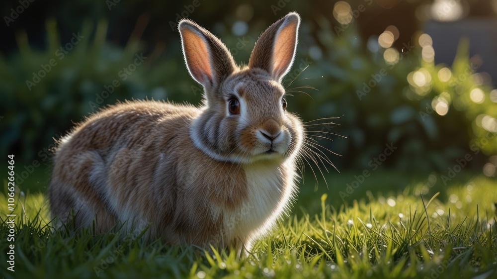 Fototapeta premium a rabbit standing in a lush green meadow, bathed in the warm glow of the morning sun. The rabbit's soft fur, long ears, and curious expression are captured in stunning detail.