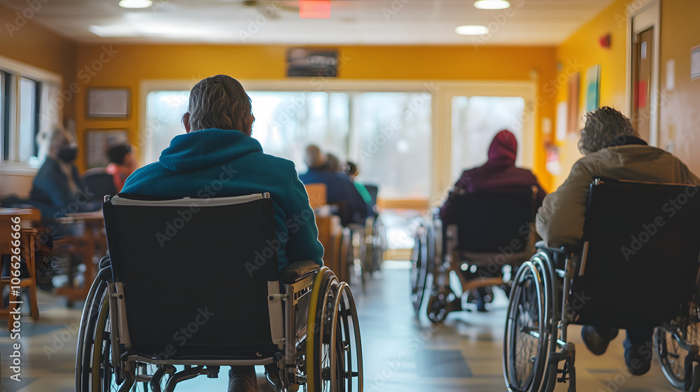 Obraz premium Elderly people in wheelchairs at a nursing home, assisted living facility, senior care center, disability support, healthcare services, rehabilitation, and aging community assistance