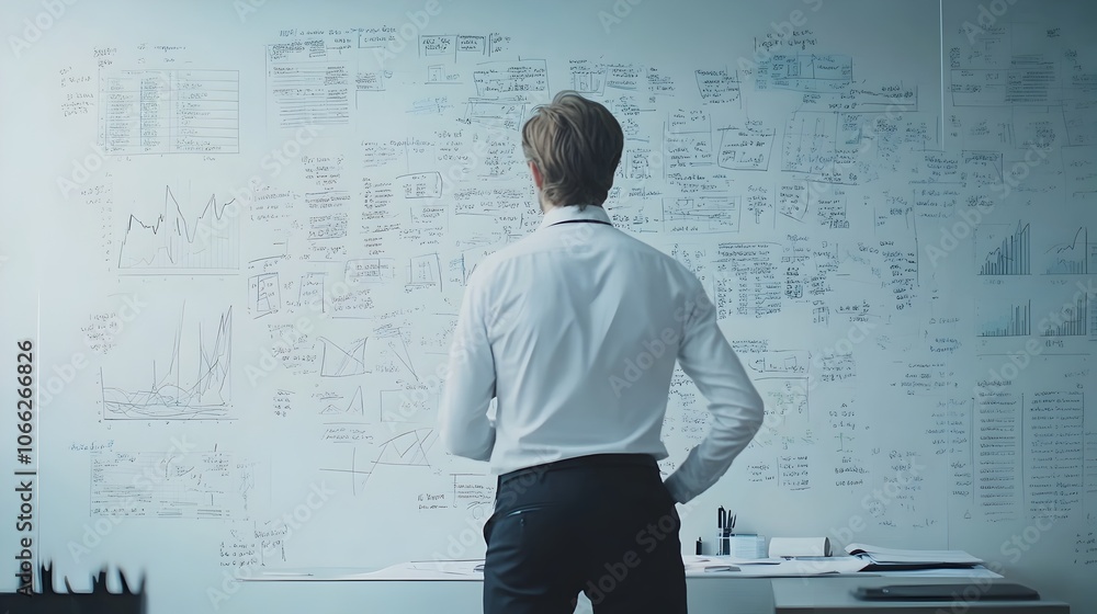 Businessman Analyzing Business Strategy and Planning on Modern Office Whiteboard Businessman Analyzing Business Strategy and Planning on Modern Office Whiteboard