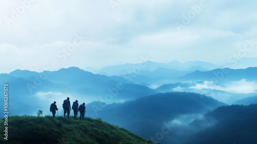 group of friends enjoying scenic hike in mountains, surrounded by misty hills and serene atmosphere. breathtaking view evokes sense of adventure and camaraderie