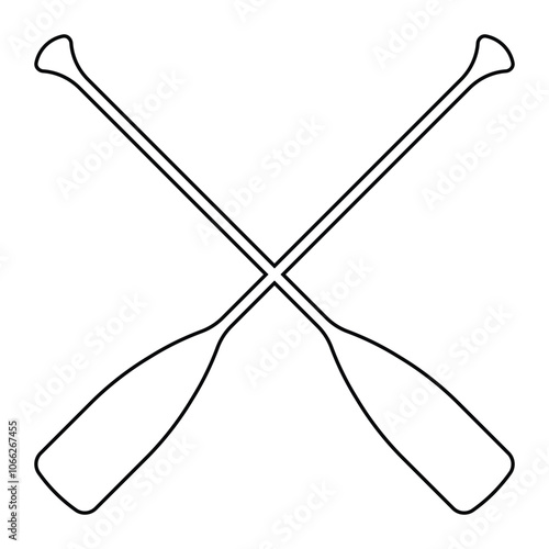 Two crossed oars vector icon. Two black Kayak or canoe paddle silhouette. Rowing paddles sign. Plastic oars. Water sport. River rafting. Symbol isolated on white background.