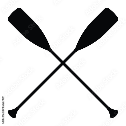 Two crossed oars vector icon. Two black Kayak or canoe paddle silhouette. Rowing paddles sign. Plastic oars. Water sport. River rafting. Symbol isolated on white background.