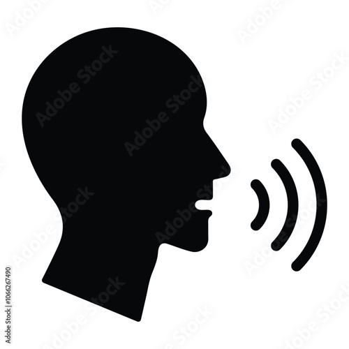 Voice control vector icon. Voice recognition concept. Speaking symbol. Talk person sign, man with open mouth and sound wave. Speech command pictogram.