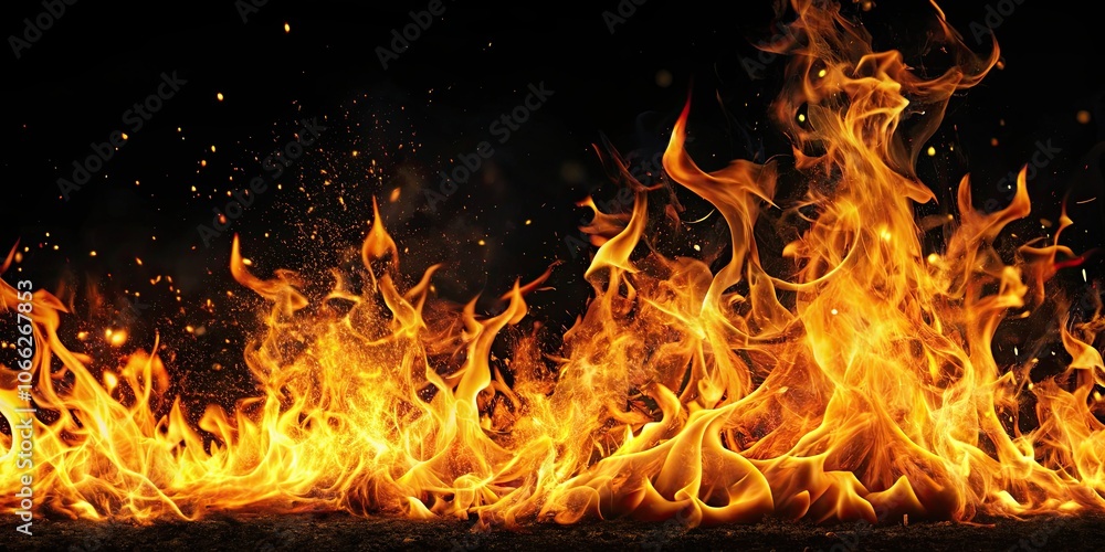 Close-up of fire flames and sparks on black background, fire, flames, sparks, heat, burning, inferno, blaze, hot, fiery Close-up of fire flames and sparks on black background, fire, flames, sparks, heat, burning, inferno, blaze, hot, fiery