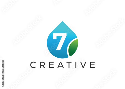 Creative and innovative number seven and drop leaf logo design. Eco drop logo