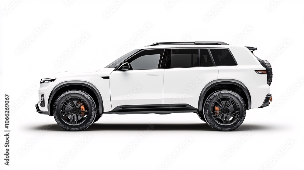 45.A side profile of a high-performance white SUV, floating against a blank white backdrop. The design highlights its bold contours, chrome accents, and large, rugged wheels, ready for off-road 45.A side profile of a high-performance white SUV, floating against a blank white backdrop. The design highlights its bold contours, chrome accents, and large, rugged wheels, ready for off-road