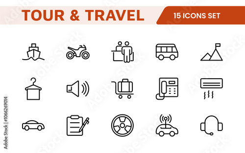 Travel Booking Icon Set. Stylish and user-friendly icons for enhancing travel apps, websites, and services, perfect for streamlining flight searches, hotel bookings, and adventure planning.