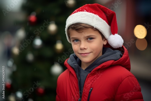 childhood, christmas, fashion and people concept - smiling boy in santa helper hat over city street background