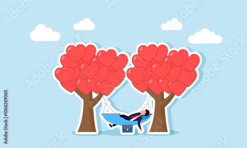 A businessman relaxes in a hammock tied to two heart-shaped trees, illustration of enjoying business performance with lovable products