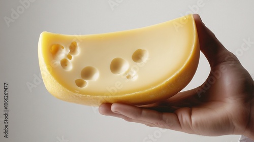 15.A close-up of a thick wedge of Maasdam cheese, held by a cheesemakerâ€™s hand, showcasing the cheese characteristic large holes and smooth surface. The vibrant yellow hue of the cheese stands out photo