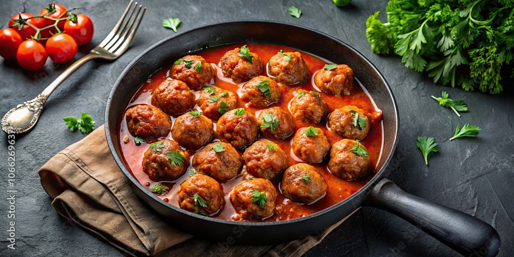 Meatballs in tomato sauce cooking in a cast iron skillet, meatballs, tomato sauce, cast iron skillet, cooking, homemade Meatballs in tomato sauce cooking in a cast iron skillet, meatballs, tomato sauce, cast iron skillet, cooking, homemade
