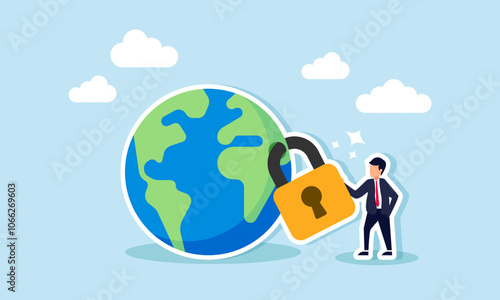 A businessman stands beside a globe locked with a padlock, illustration of a business model that creates customer dependence on a specific product