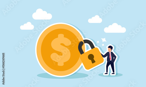 A businessman stands beside a dollar coin locked with a padlock, illustration of an international financial strategy requiring all business transactions in dollars