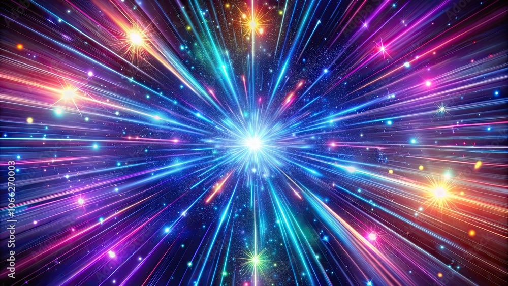 Cosmic hyperspace background with neon glowing abstract rays and stars in motion moving through stars in a Cosmic hyperspace background with neon glowing abstract rays and stars in motion moving through stars in a