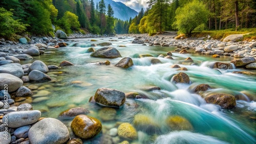 Shallow alpine river with fast flow and smooth stones , nature, river, stream, water, flow, fast, stones, rocks