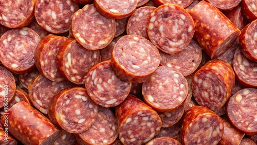 Texture of chopped lingui?a calabresa sausage for background, sliced, meat, Brazilian, spicy, food, close-up photo