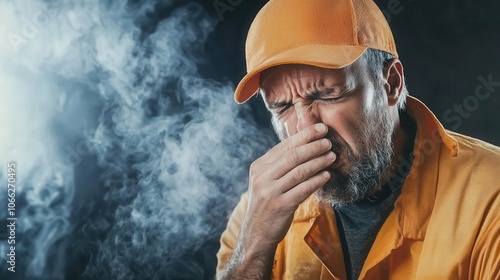 Industrial worker coughing, illustrating respiratory health risks from chemical exposure