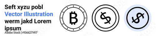 Bitcoin symbol in a circular frame, a dollar symbol within another circle, and a variant dollar symbol in a blue gradient circle. Ideal for financial technology, digital currency, crypto